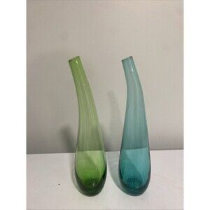 Vintage Colored Glass Curved Neck Bud Vases Blue Green Set of 2